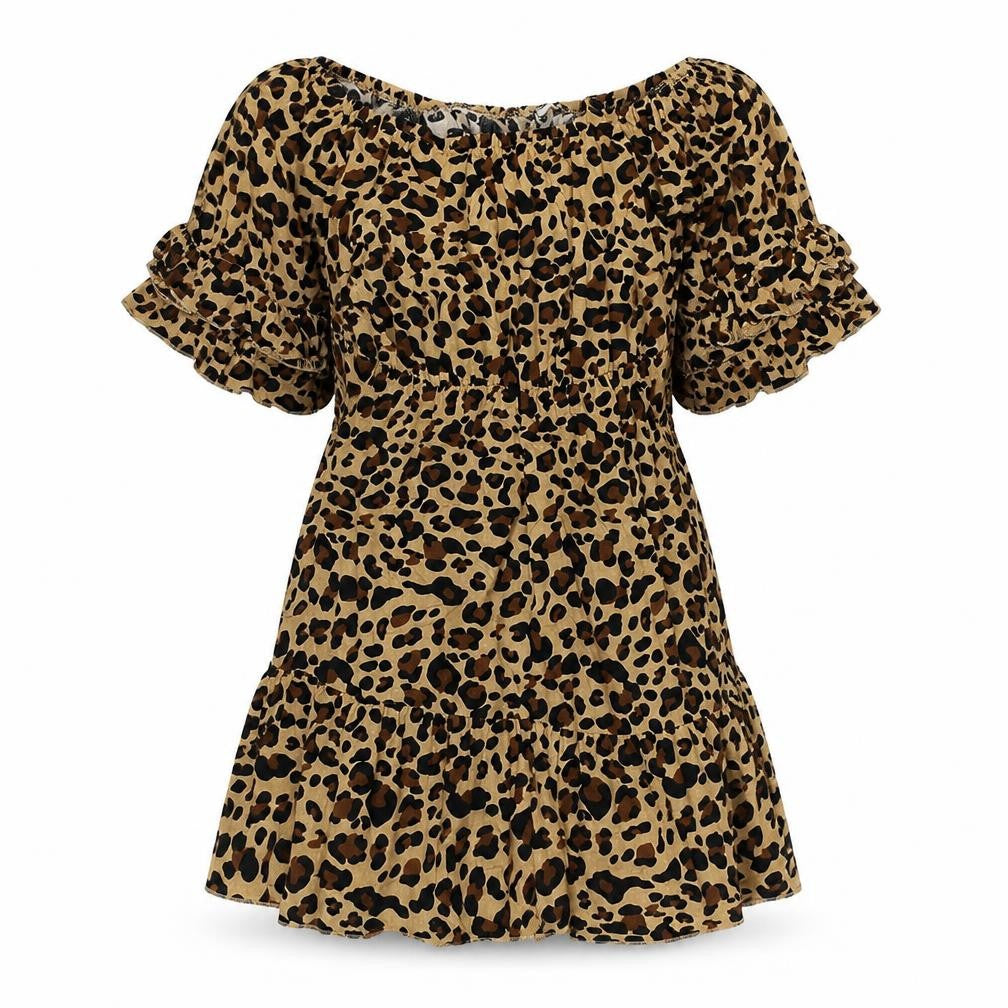 Front view of women’s brown animal print polyester shift, size S, off the shoulder pullover - leopard print