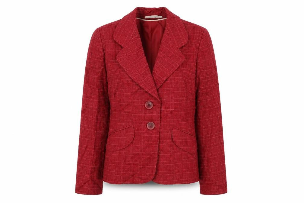 Front view of Next women’s red plaid viscose jacket blazer, size UK 12