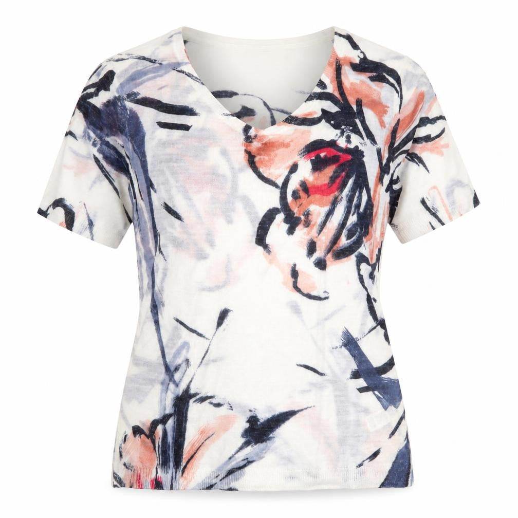 Front view of Monsoon women’s white floral acrylic basic blouse, size S, v-neck