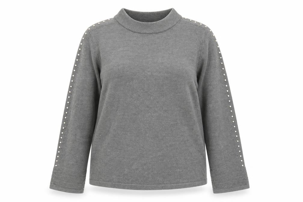 Front view of Marks & Spencer women’s grey mock neck acrylic jumper, size UK 16