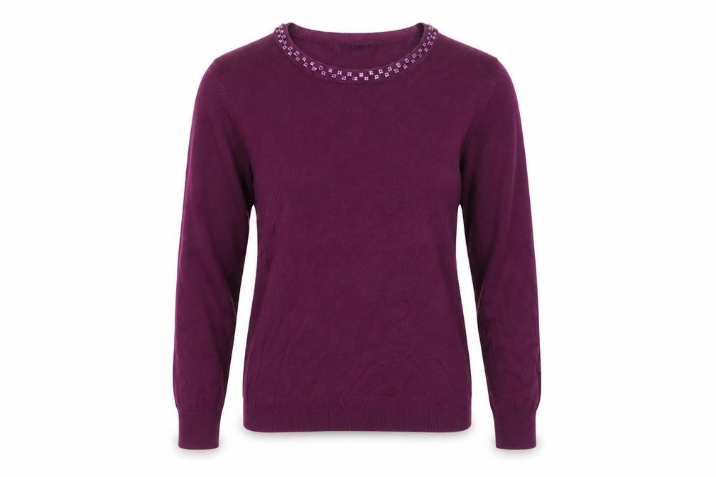 Front view of Image women’s purple round neck viscose jumper, size S