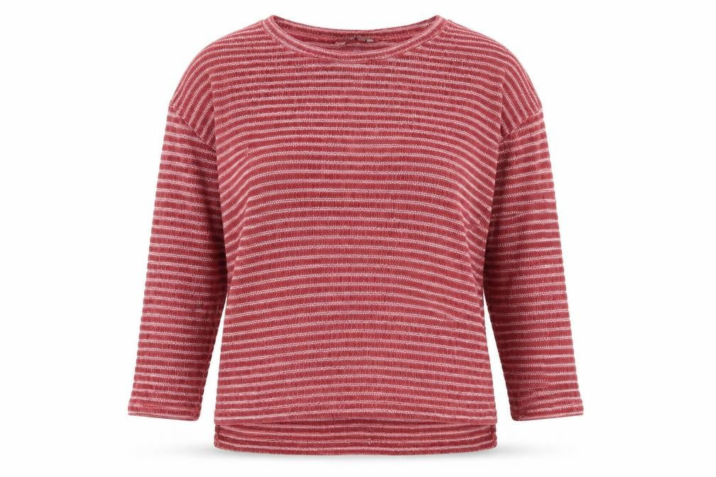 Front view of George women’s red round neck striped polyester jumper, size UK 14