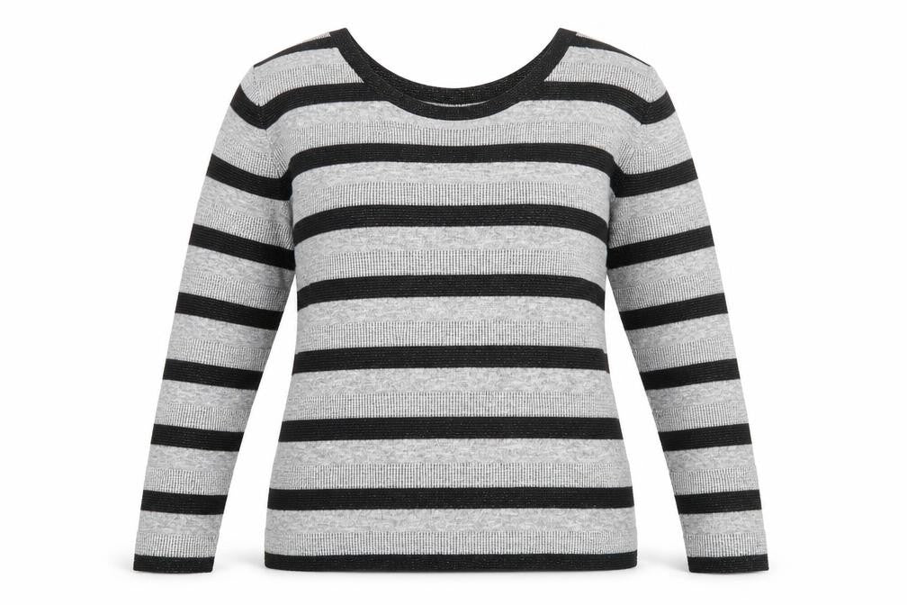 Front view of Next women’s grey scoop neck striped polyester jumper, size UK 12