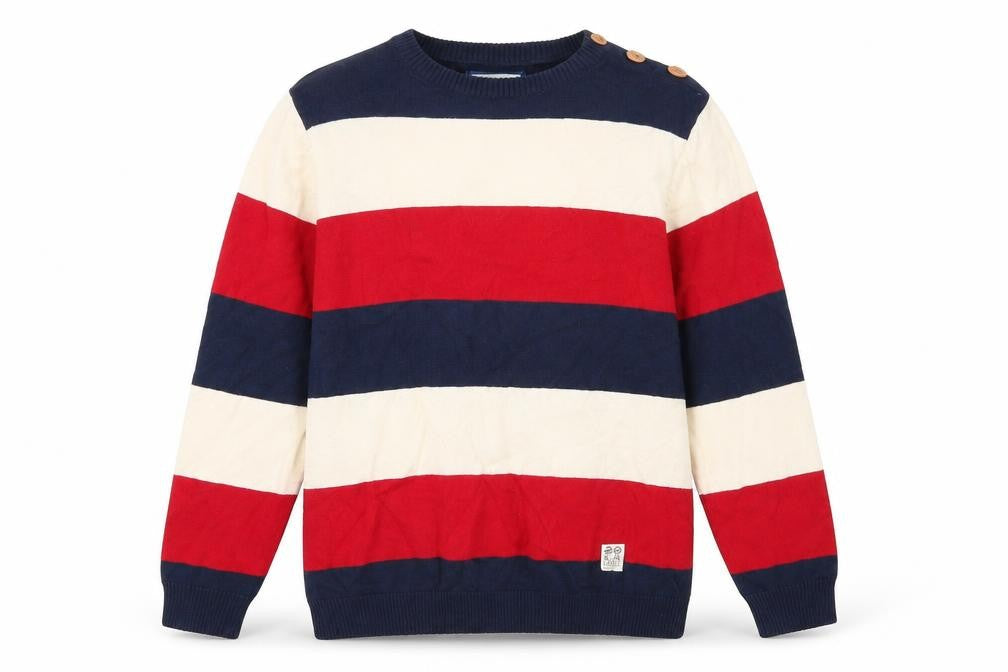 Front view of Crosshatch men’s multicoloured round neck striped cotton jumper, size M