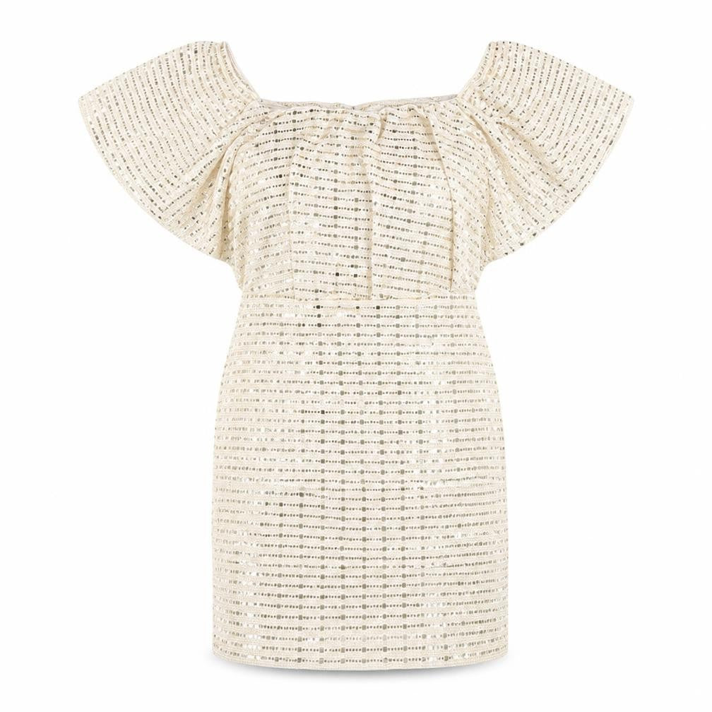 Front view of Parisian women’s gold polyester mini, size UK 8, off the shoulder pullover