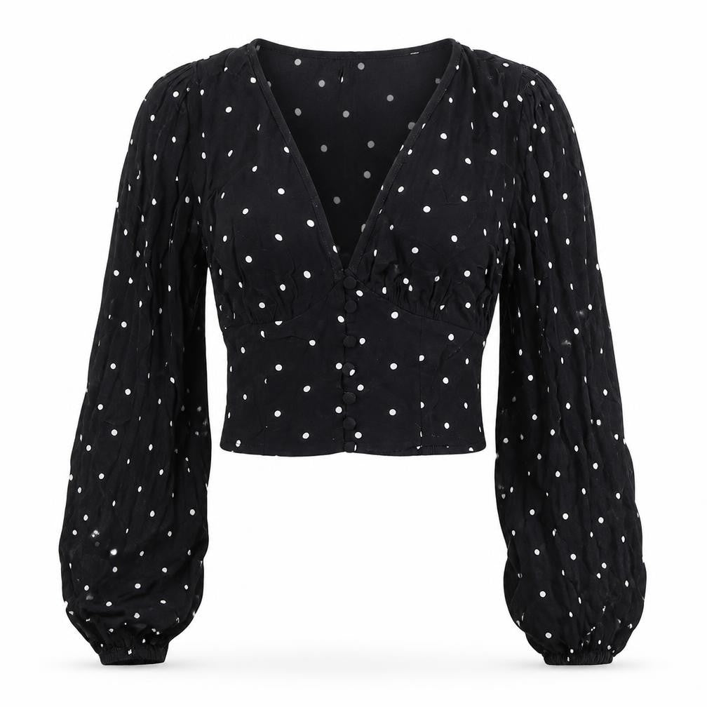 Front view of H&M women’s black polka dot viscose cropped blouse, size UK 4, v-neck