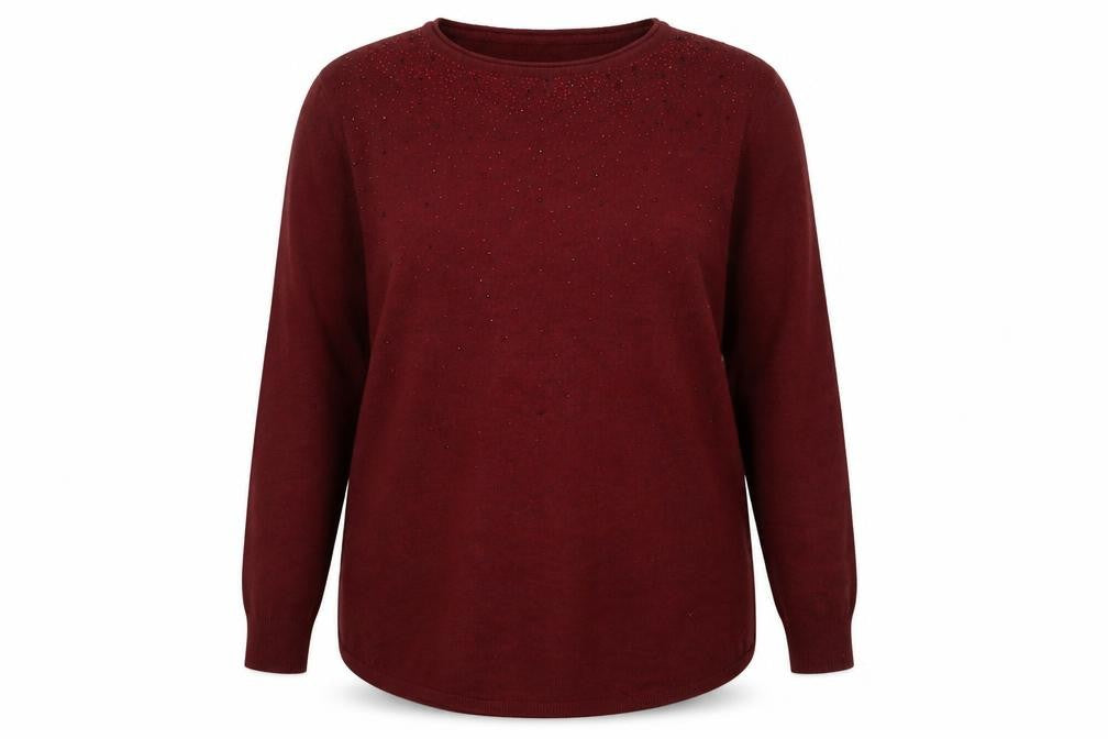 Front view of Preworn women’s red round neck viscose jumper, size L