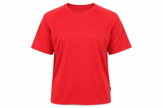 Front view of Keela women’s red polyester basic t-shirt, size M, scoop neck