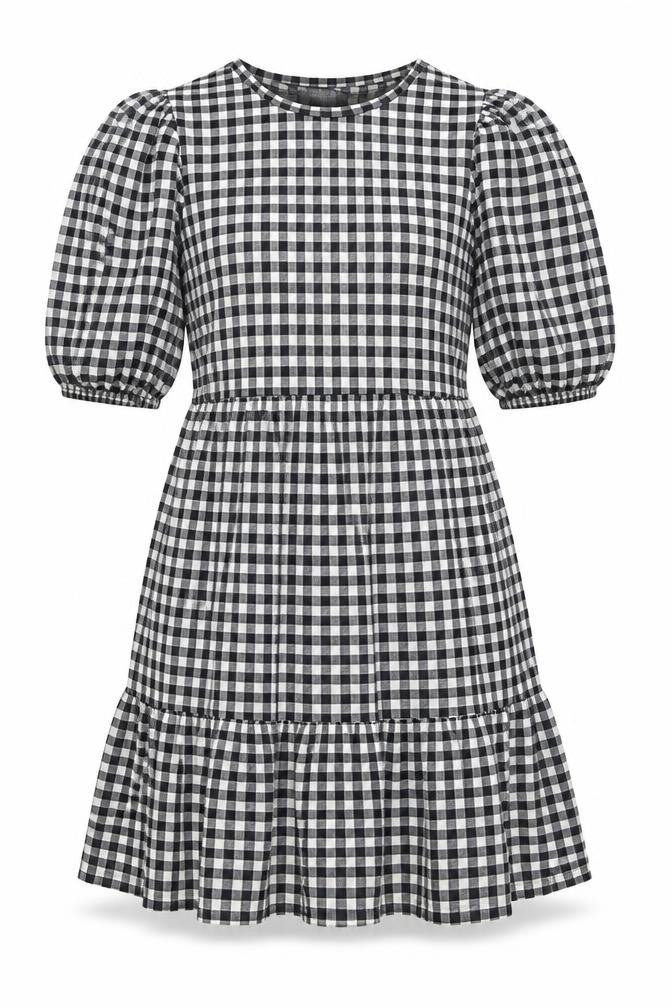 Front view of Primark women’s black check polyester fit & flare, size UK 10, round neck pullover