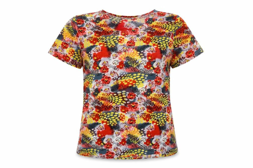 Front view of YU SHENG women’s multicoloured geometric viscose basic t-shirt, size M, scoop neck