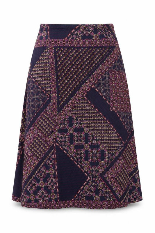 Front view of Preworn women’s blue geometric polyester swing skirt, size UK 32