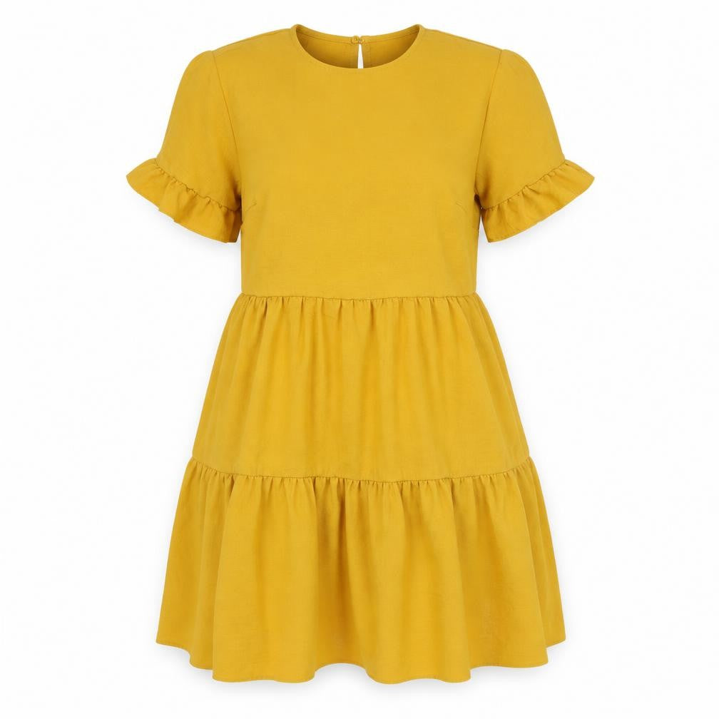Front view of New Look women’s yellow polyester fit & flare, size UK 8, round neck button - tiered
