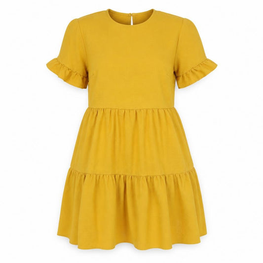 Front view of New Look women’s yellow polyester fit & flare, size UK 8, round neck button - tiered