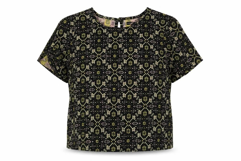 Front view of Atmosphere women’s black geometric polyester basic t-shirt, size UK 14, scoop neck