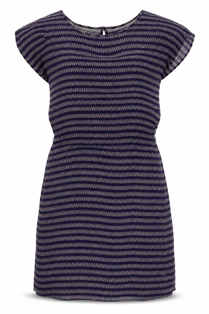 Front view of Gap women’s blue geometric viscose shift, size L, boat neck pullover