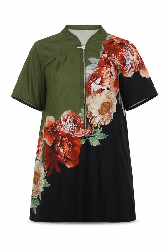 Front view of Shelay women’s multicoloured polyester basic t-shirt, size S, round neck - flower detail