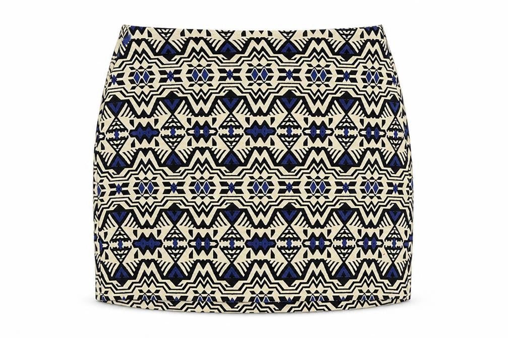 Front view of H&M women’s beige geometric polyester mini skirt, size UK 4, zip