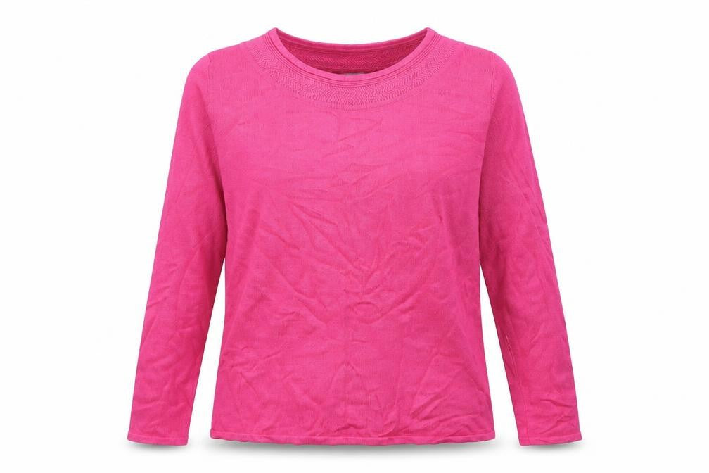 Front view of Sarah Hamilton women’s pink round neck viscose jumper, size M