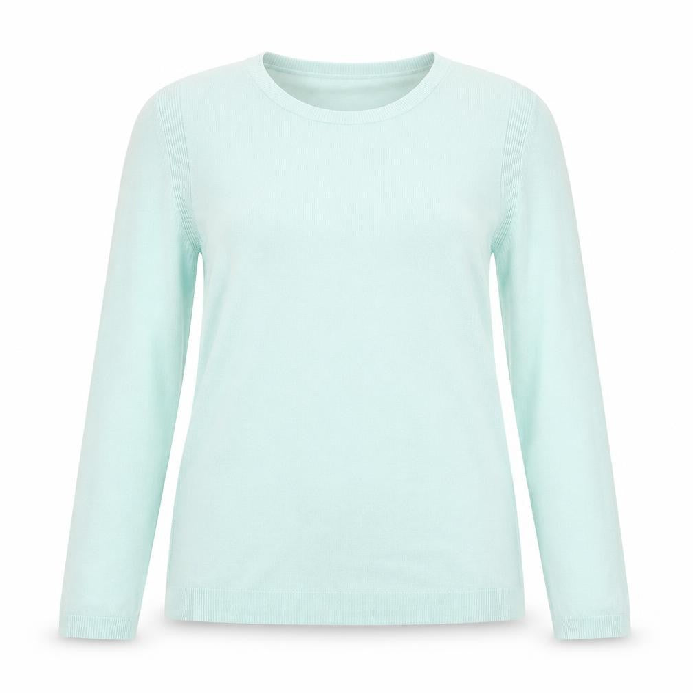 Front view of Marks & Spencer women’s blue round neck acrylic jumper, size UK 10