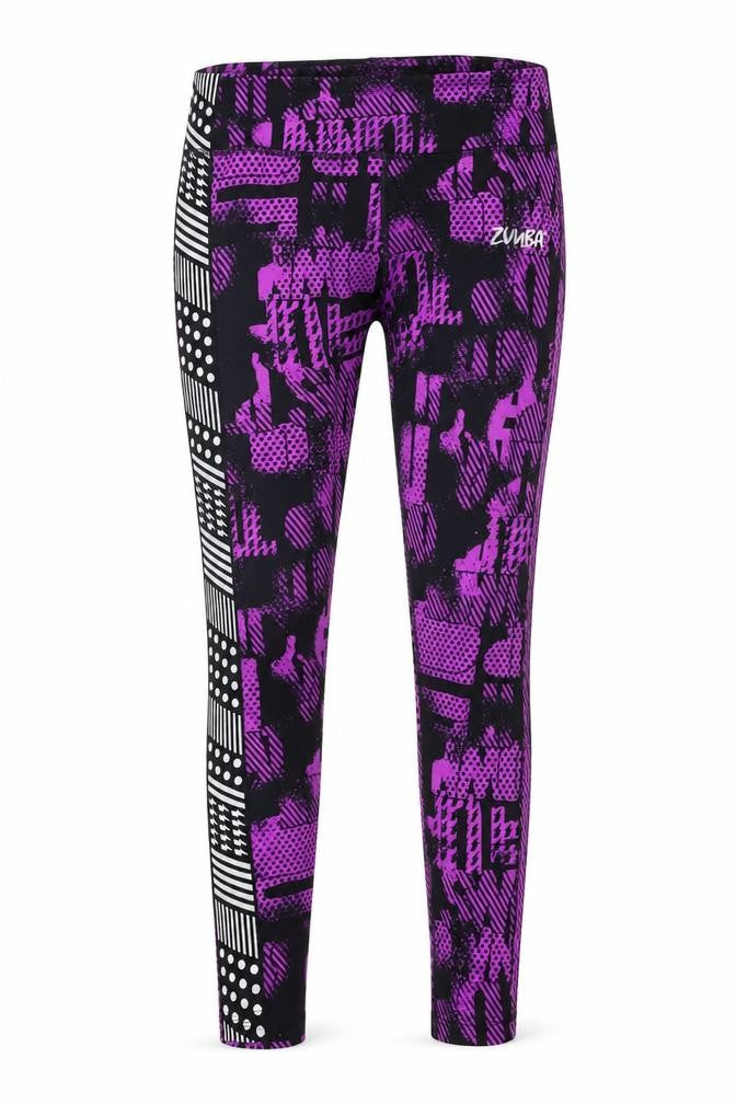 Front view of Preworn women’s purple geometric polyester compression leggings, size UK 29, in regular pullover