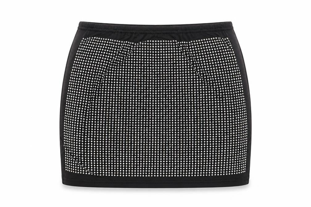 Front view of Preworn women’s black geometric polyester mini skirt, size S