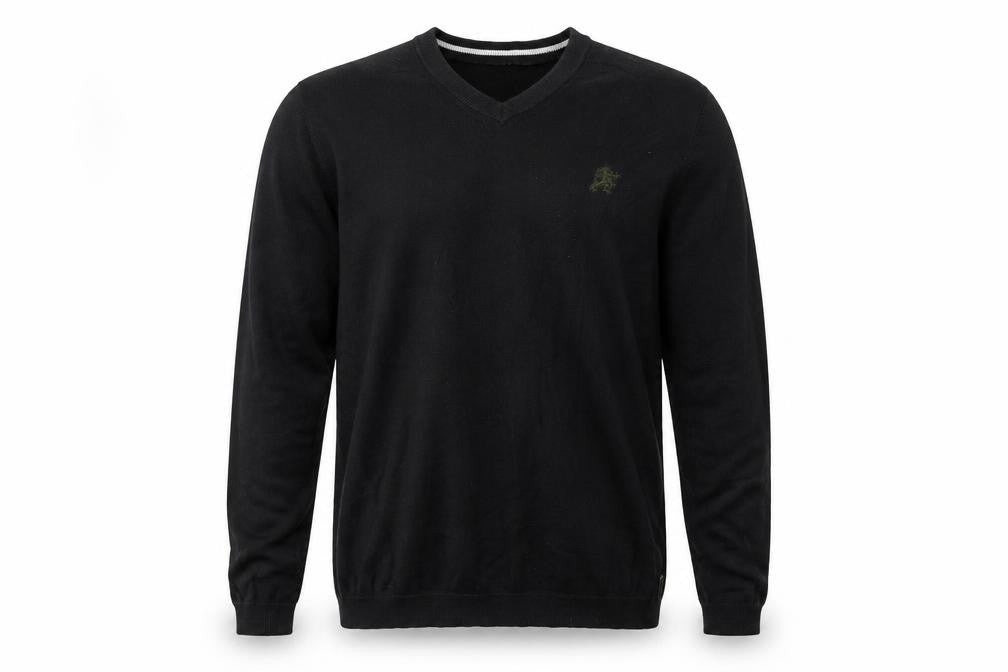 Front view of Lambretta men’s black v-neck cotton jumper, size M