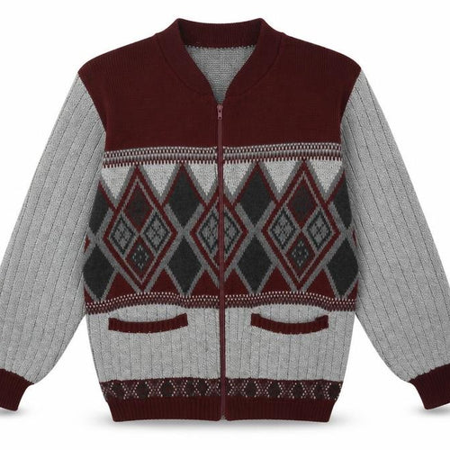 FAB Mens Grey Round Neck Argyle/Diamond Acrylic Full Zip Jumper Size S