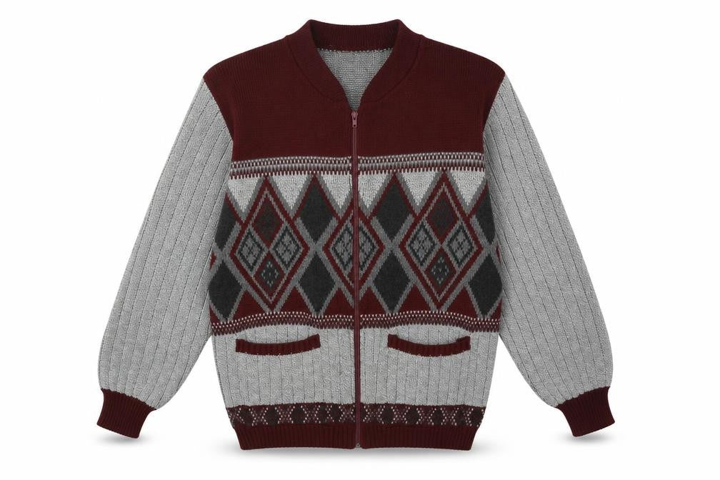 FAB Mens Grey Round Neck Argyle/Diamond Acrylic Full Zip Jumper Size S