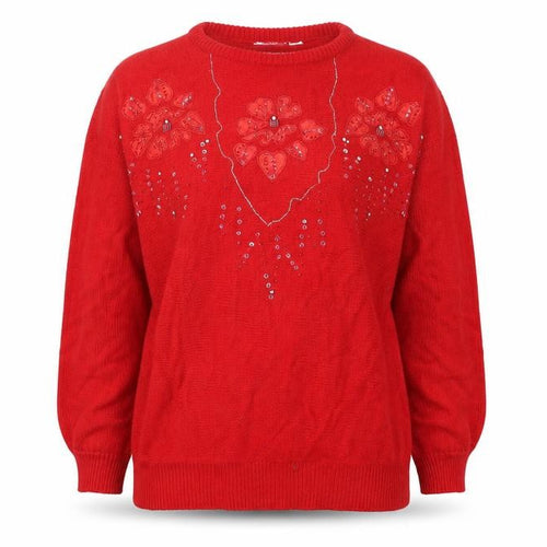 Carriage Court Womens Red Round Neck Floral Acrylic Pullover Jumper Size L