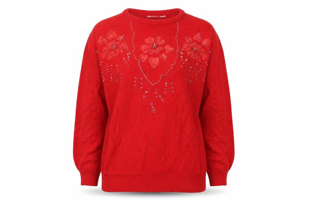 Carriage Court Womens Red Round Neck Floral Acrylic Pullover Jumper Size L