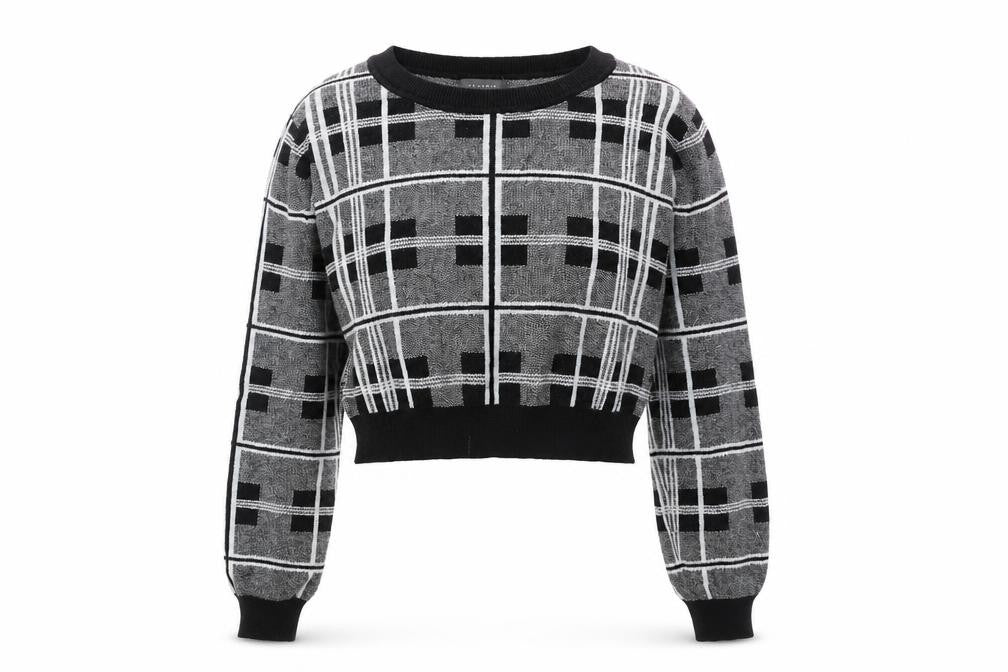 Front view of Primark women’s black round neck plaid viscose jumper, size M