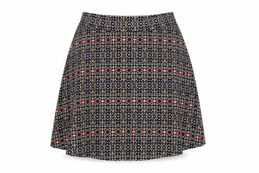 Front view of H&M women’s blue geometric cotton skater skirt, size S