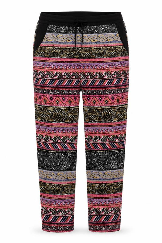 Front view of The Gud Look women’s multicoloured geometric polyester trousers, size UK 14, regular drawstring