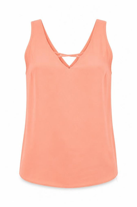 Front view of Atmosphere women’s pink polyester basic tank, size UK 10, v-neck