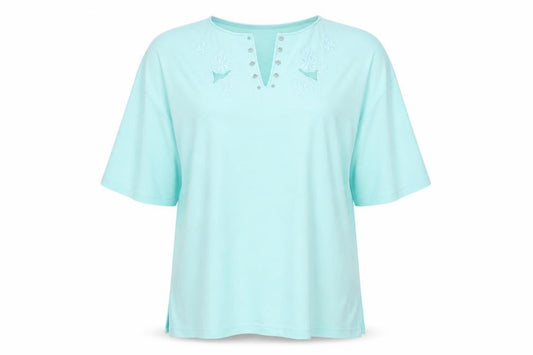 Front view of New Model women’s green cotton basic t-shirt, size L, v-neck