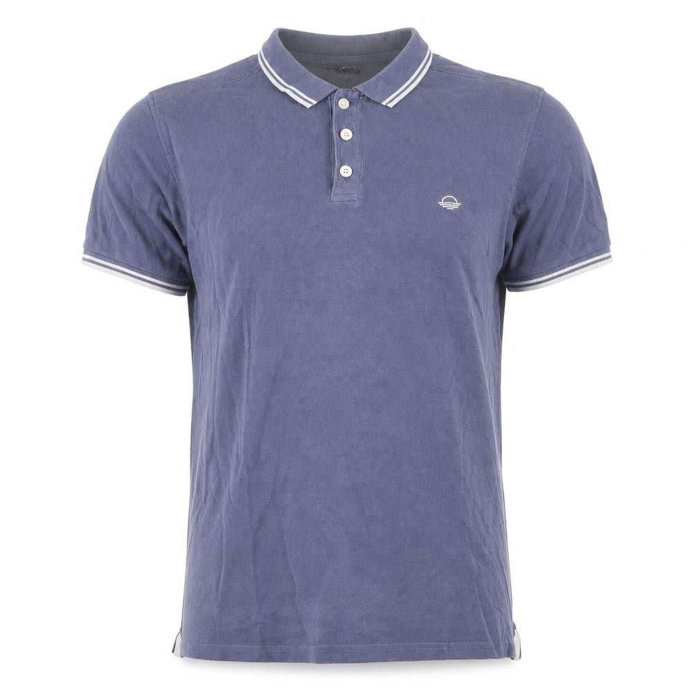 Front view of Cedarwood State men’s blue cotton polo, size M, collared button