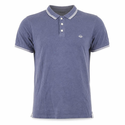 Front view of Cedarwood State men’s blue cotton polo, size M, collared button