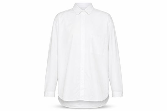 Front view of Cong Fan men’s white polyester dress shirt, size XL, v-neck button