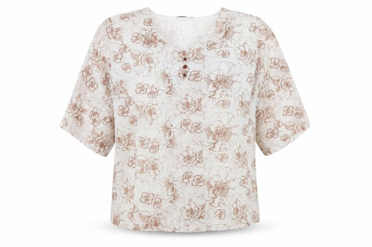 Front view of Xara women’s ivory geometric polyester basic blouse, size L, v-neck