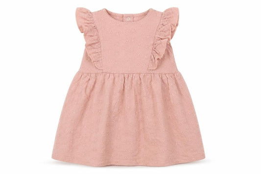 Front view of HEMA girls’ pink floral cotton shift, size 9-12, months round neck snap