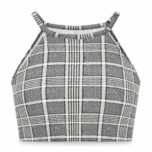Select Womens Black Plaid Viscose Cropped Tank Size 12 Scoop Neck