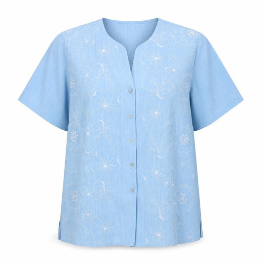 Front view of VERNON FOSBY women’s blue floral polyester basic button-up, size UK 12, v-neck