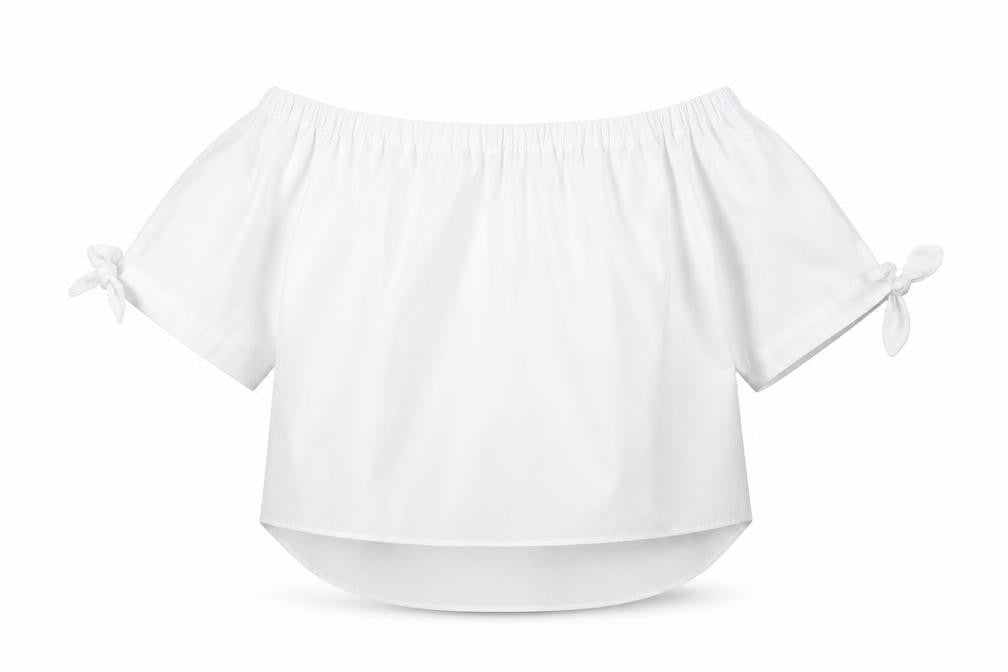 Front view of Peacocks women’s white polyester cropped blouse, size UK 12, off the shoulder