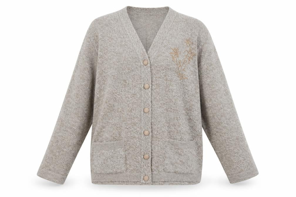 Care Womens Brown V-Neck Floral Acrylic Cardigan Jumper Size XL