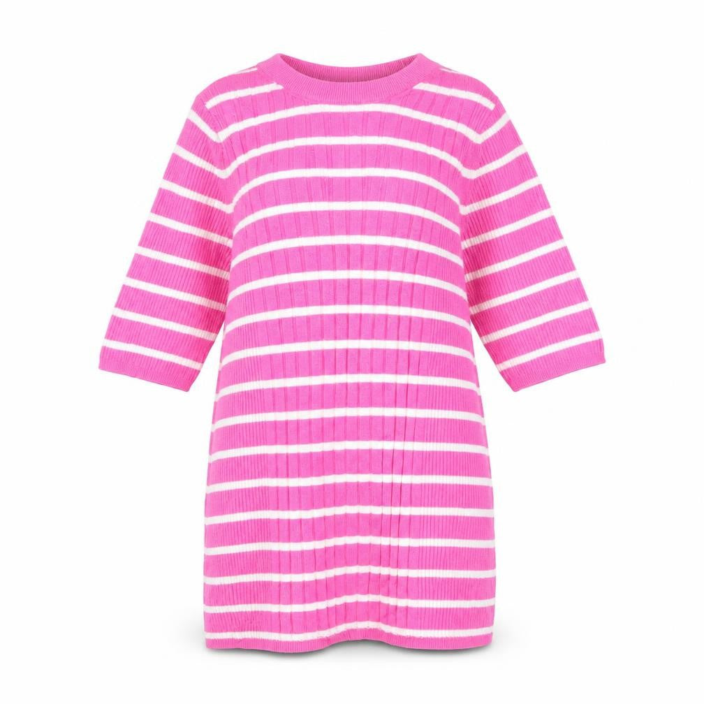 Front view of Marks & Spencer women’s pink round neck striped viscose jumper, size S