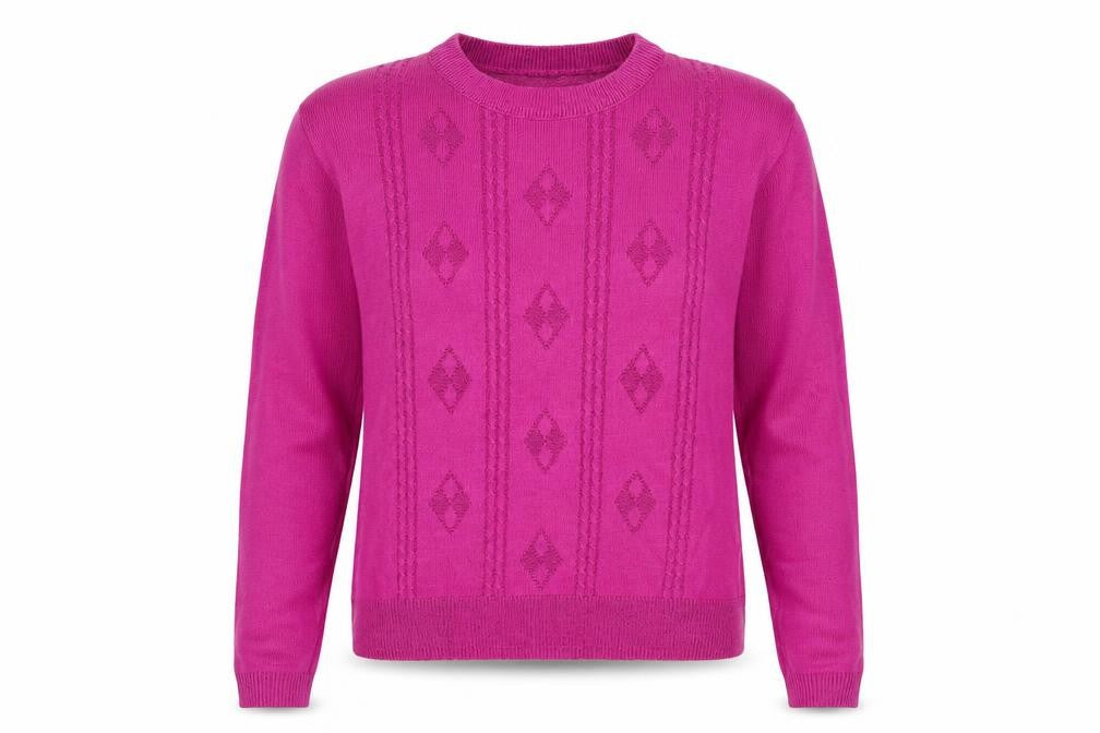 Front view of Envy Us women’s pink round neck acrylic jumper, size M