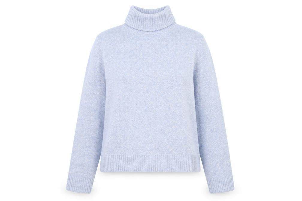 Front view of Ozone women’s blue roll neck acrylic jumper, size L