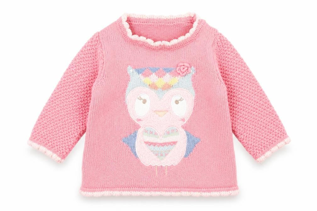 Preworn Girls Pink Cotton Pullover Jumper Size 6-9 Months Button - Owl