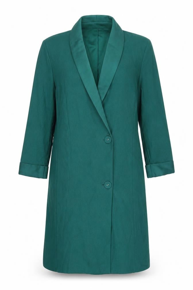 Front view of Warehouse women’s green overcoat coat, size UK 10, button