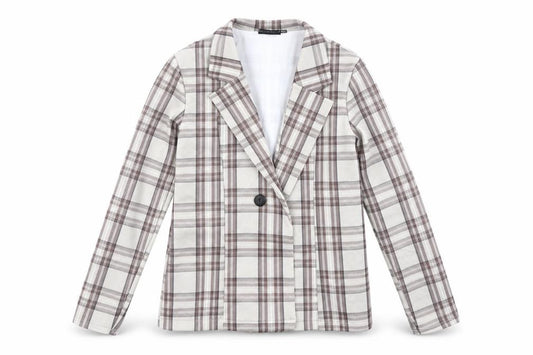 Front view of PRETTYLITTLETHING women’s beige plaid jacket, size UK 8, button
